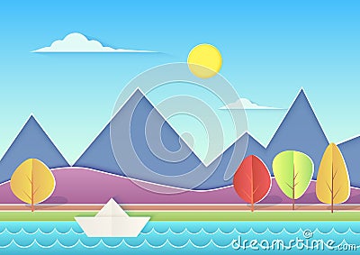 Trendy paper cuted landscape with mountains, hills, river, paper ship and trees. Summer landscape vector illustration. Vector Illustration