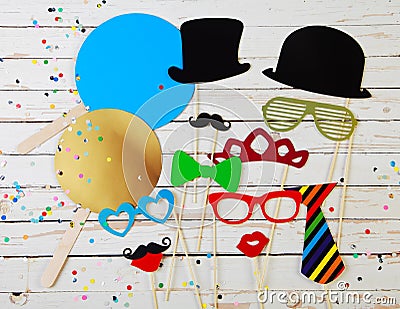 Trendy party background of photo booth accessories Stock Photo