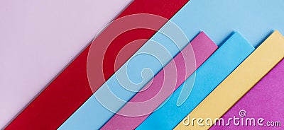 Trendy pastel colors in geometry shape flat lay. Colorful rainbow paper creative linear background Stock Photo