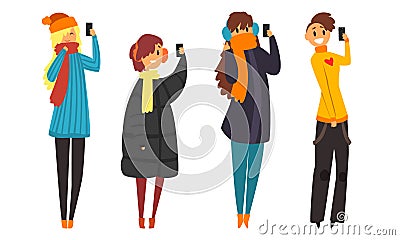 Trendy People with Gadgets Collection, Young Man and Woman Taking Selfie for Social Median Networks Vector Illustration Vector Illustration