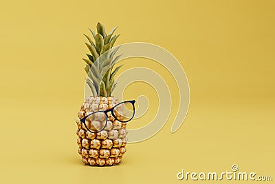 trendy pineapple in glasses on a yellow background. copy paste, copy space. 3d render Stock Photo