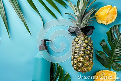 Trendy pineapple with sunglasses and sunblock on soft colored background for text Stock Photo