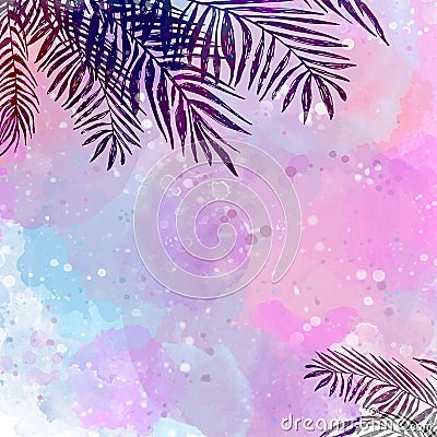 Trendy Pink blue tropical background, leaves, coconut palm Vector Illustration