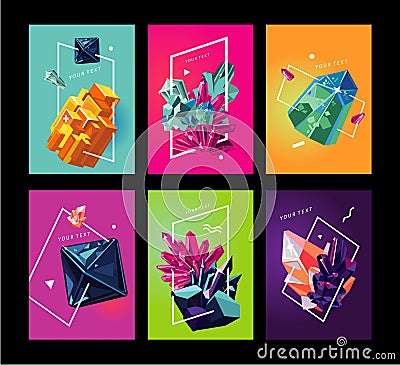 Trendy poster collection with crystals. Abstact covers set. Vector Illustration