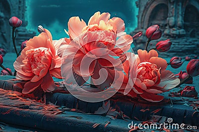 bloom flower blossom nature colours bright neon design peony flora. Generative AI. Stock Photo