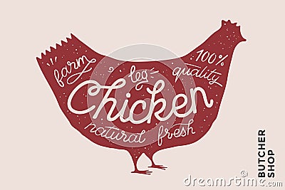 Trendy poster with red chicken silhouette Vector Illustration