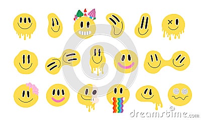 Trendy psychedelic distorted smiley faces with rainbow. Crazy smiling groovy emoji. Trippy acid melting graffiti smile Vector Illustration