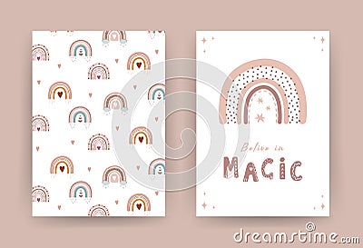 Trendy rainbow in boho style in different color. Belive in magic. Children illustrations for poster or post card. Doodle Vector Illustration