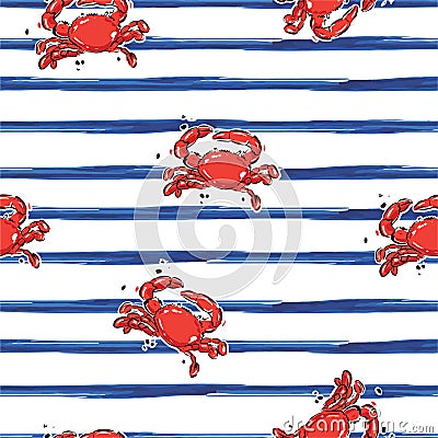 Trendy red Ocean crab with brush stroke blue stripe seamless pattern illustration vector EPS10 ,Design for fashion,fabric,web, Vector Illustration
