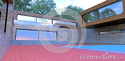 Trendy red paving stones around the pool in the courtyard of a cozy designer cottage. Finishing the walls with old slate. Cloudy Stock Photo