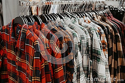 Trendy red, white, green plaid shirts hang neatly on a hanger in the store. Editorial Stock Photo