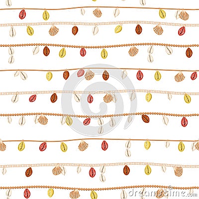 Trendy of retro necklace with gold chain and pearl,summer shell ,jewelry decoration seamless pattern in vector horizontal stripe Stock Photo