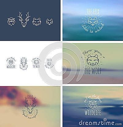 Trendy Retro Vintage Insignias Bundle. Animals. Fox, wolf, deer, owl. Vector Illustration