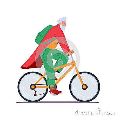 Trendy Christmas Santa Claus Riding Bicycle, Stylish Hipster Father Noel Wear Red and Green Modern Clothes and Rucksack Vector Illustration