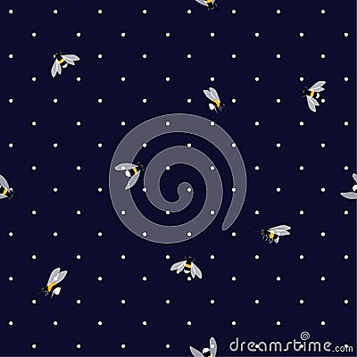 Trendy seamless bees pattern on polka dots background. Hand draw Cartoon Illustration