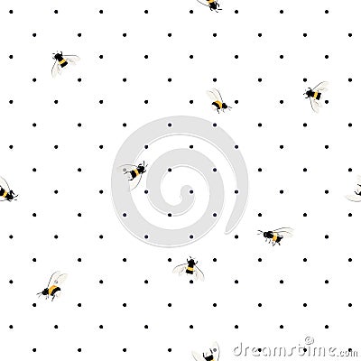 Trendy seamless bees pattern on polka dots background. Hand draw Vector Illustration