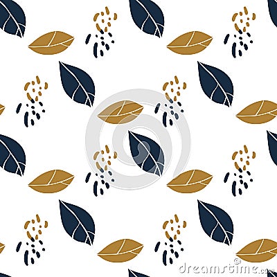 Trendy seamless botanical pattern with leaves and spots in deep blue and mustard colors. Vector hand drawn illustration for print, Vector Illustration