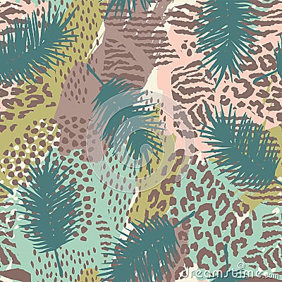 Trendy seamless exotic pattern with palm and animal prins Vector Illustration