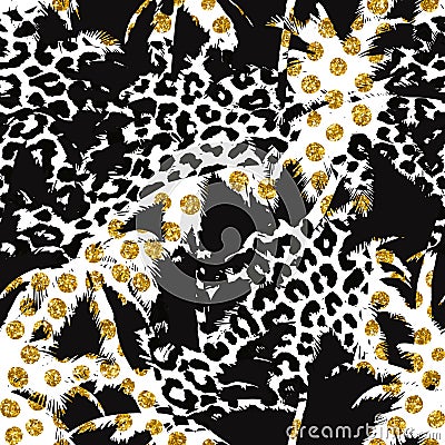 Trendy seamless exotic pattern with palm, animal prints and golden tinsel. Modern abstract design for paper, wallpaper, cover, fab Cartoon Illustration