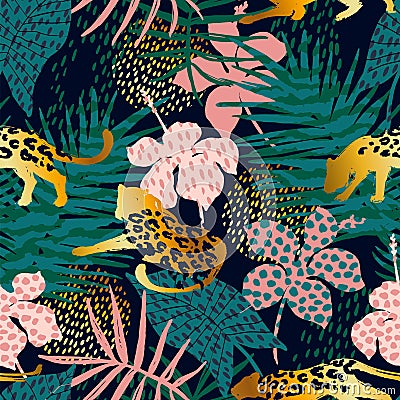 Trendy seamless exotic pattern with palm and animal prints. Vector Illustration