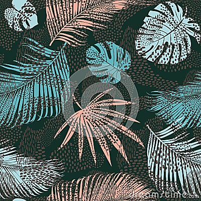 Trendy seamless exotic pattern with tropical plants and animal prints. Vector illustration. Modern abstract design for paper, wall Vector Illustration