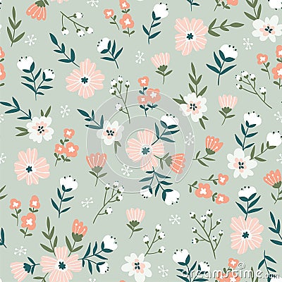 Fabric seamless design with simple flowers. Vector cute repeated ditsy pattern for fabric, wallpaper or wrap paper Vector Illustration