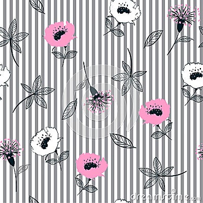 Trendy Seamless garden flowers pattern on grey and white stripe Cartoon Illustration