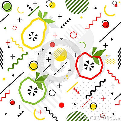 Trendy seamless, Memphis style apple, pear geometric pattern, vector Vector Illustration