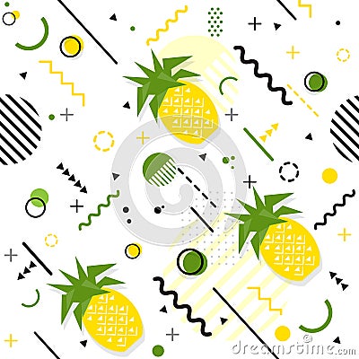 Trendy seamless, Memphis style pineapple geometric pattern, vector Vector Illustration