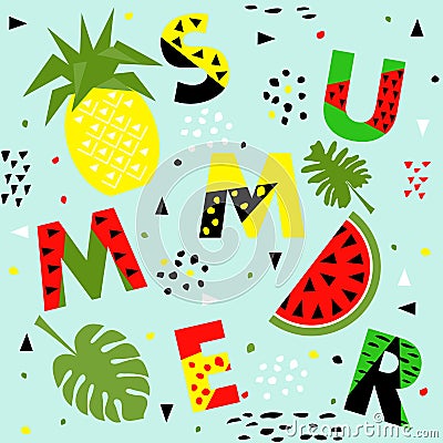 Trendy seamless, Memphis style watermelon and pineapple geometric pattern, vector illustration Vector Illustration