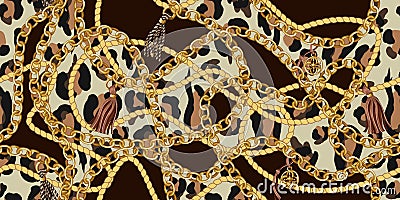 Trendy seamless pattern with gold chains and rope on leopard skin. Vector. Vector Illustration