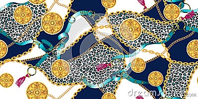 Trendy seamless pattern with golden chains and belts, patch for print, fabric. Stock Photo