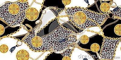 Trendy seamless pattern with golden chains and belts, patch for print, fabric. Stock Photo