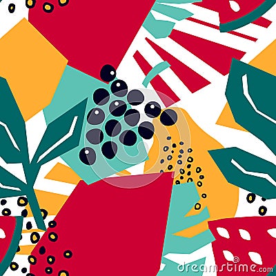 Trendy seamless pattern with grapes, monstera leaves, watermelon and papaya. Vector Illustration
