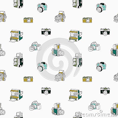 Trendy seamless pattern with hand drawn half colored vintage and modern photo cameras Vector Illustration