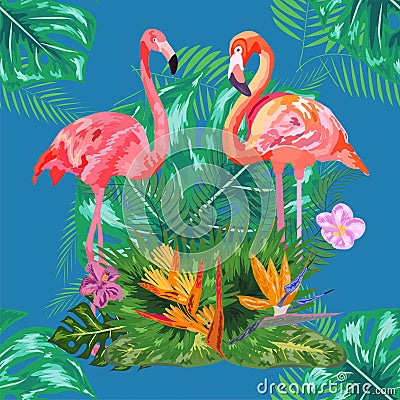 Trendy seamless pattern pink flamingo birds couple. Bright camelia flowers. Tropical monstera green leaves Stock Photo