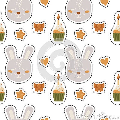 Trendy seamless pattern with stickers of cute bunny, cupcakes, stars. Backdrop, background, texture. Baby shower and gender party Vector Illustration