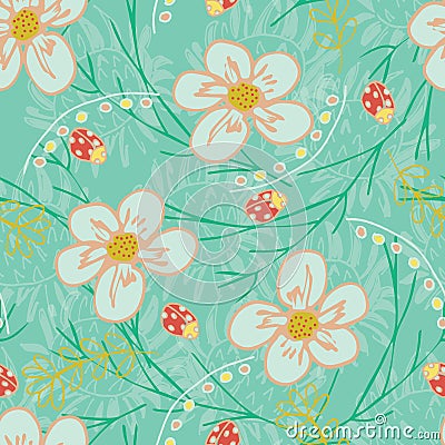 Trendy seamless vector repeat floral garden pattern with flowers and leaves in green, peach, gold, white, yellow, red colors. Vector Illustration