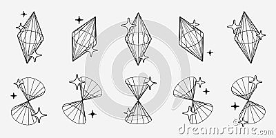 Trendy set of Y2K retro futurism elements, diamonds and tunnels, 3d wireframe models, dimensional graphic design Vector Illustration