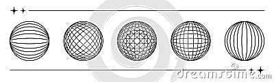 Trendy set of Y2K retro futurism elements, spheres and globes, 3d wireframe models, dimensional graphic design Vector Illustration