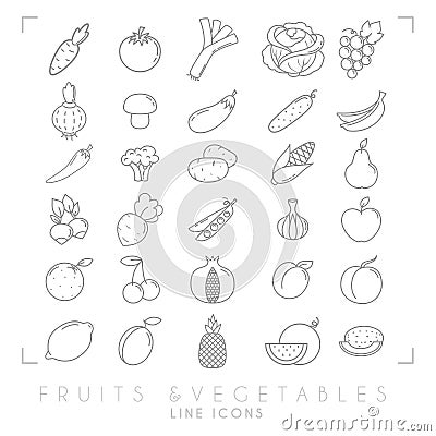 Trendy simple thin line fruits and vegetables icons big set. Healthy Vector Illustration