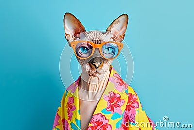 Trendy Sphynx Cat in Floral Shirt and Orange Glasses Stock Photo