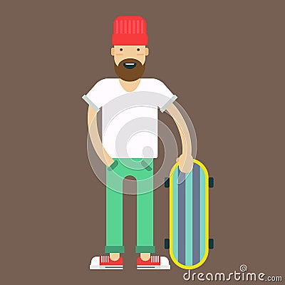 Trendy stiled hypster with the skate board Vector Illustration