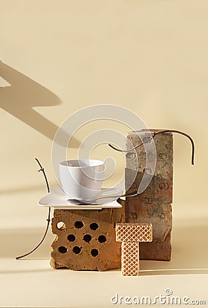 Trendy still life with old bricks, dried plants, a cup of coffee and cookies. Previously used objects in modern living space. Zero Stock Photo