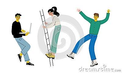 Trendy Student Character with Laptop and Ladder Searching for Answer and Idea Vector Set Vector Illustration