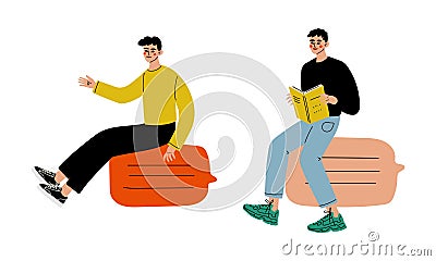 Trendy Student Character with Open Book Searching for Answer and Idea Vector Set Vector Illustration