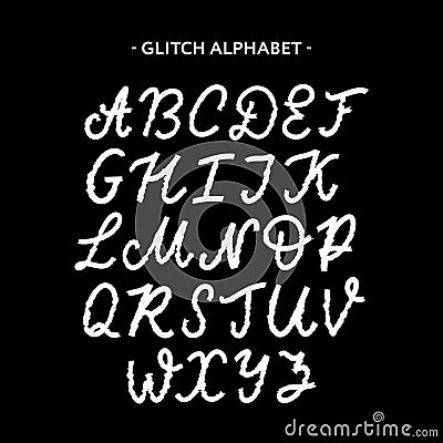 Trendy style distorted glitch typeface. Letters and numbers, vector Cartoon Illustration