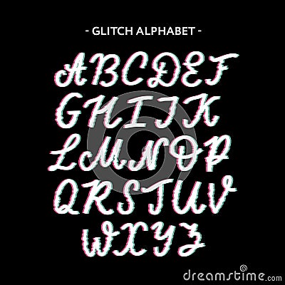 Trendy style distorted glitch typeface. Letters and numbers, vector Cartoon Illustration
