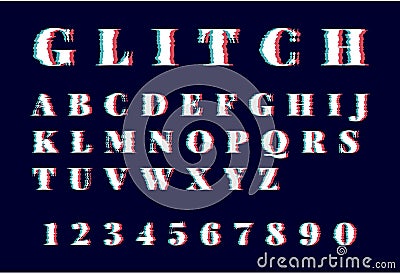 Trendy style distorted glitch typeface. Letters and numbers vector illustration alphabet Cartoon Illustration