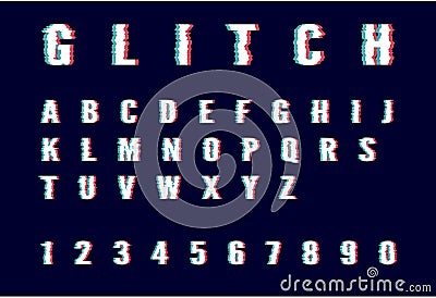 Trendy style distorted glitch typeface. Letters and numbers vector illustration alphabet Cartoon Illustration